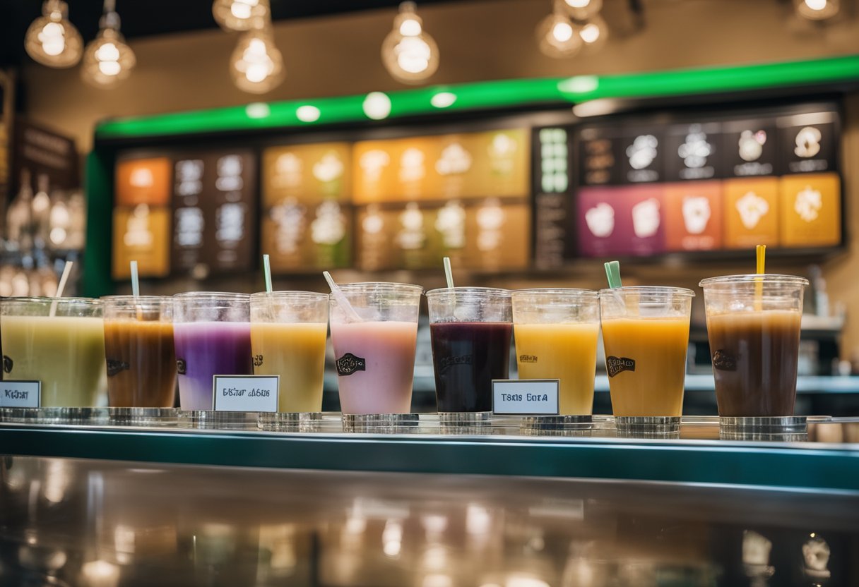 A colorful display of various boba tea varieties at a vibrant tea shop in Orlando. The menu board showcases the top 6 best boba tea options, enticing customers with their unique flavors and toppings