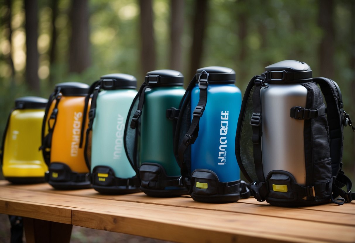 A group of hydration systems displayed on a table, including backpacks and water bottle holders. Bright colors and sleek designs suggest durability and functionality for riding trips