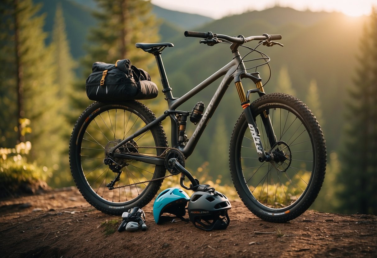 A mountain bike parked on a trail, surrounded by essential gear items such as a helmet, gloves, water bottle, repair kit, and protective eyewear