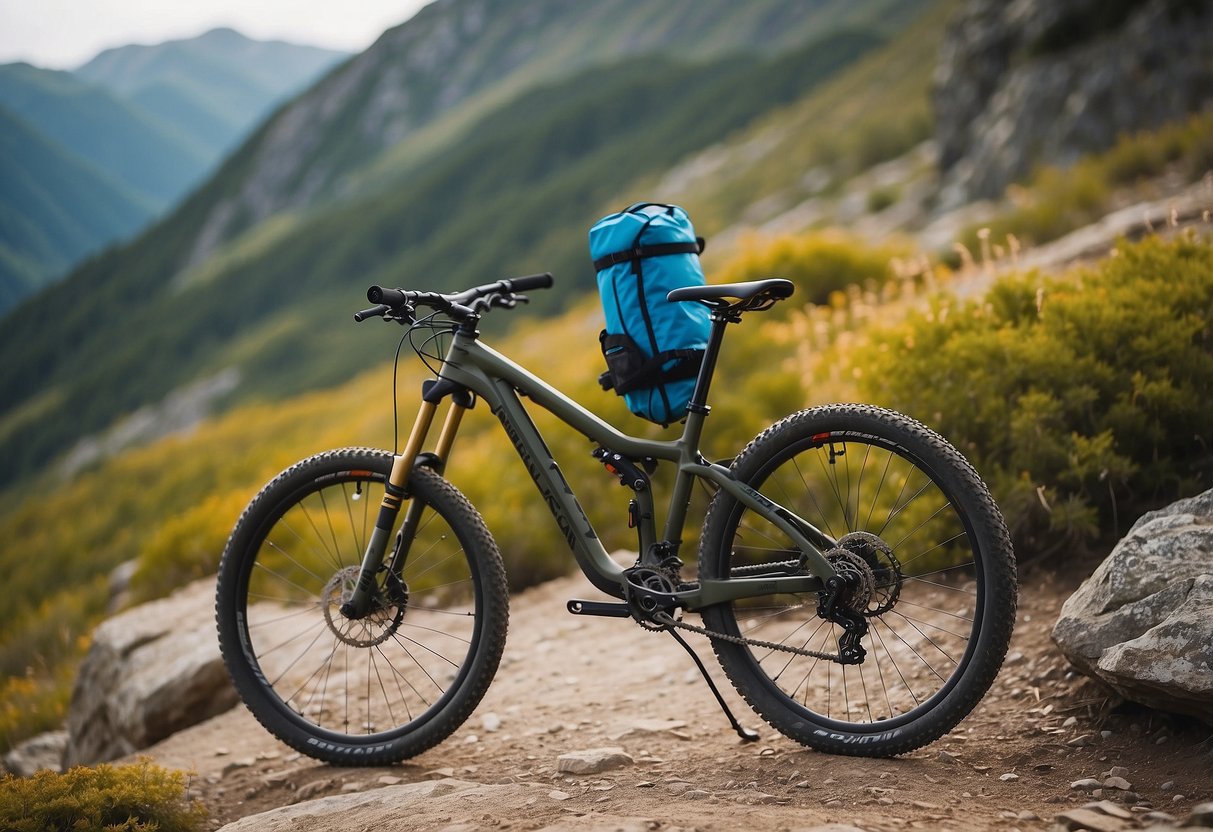 A mountain bike sits on a rocky trail, with a CamelBak Classic Hydration Pack strapped to the frame. Nearby are essential gear items like a helmet, gloves, and a repair kit