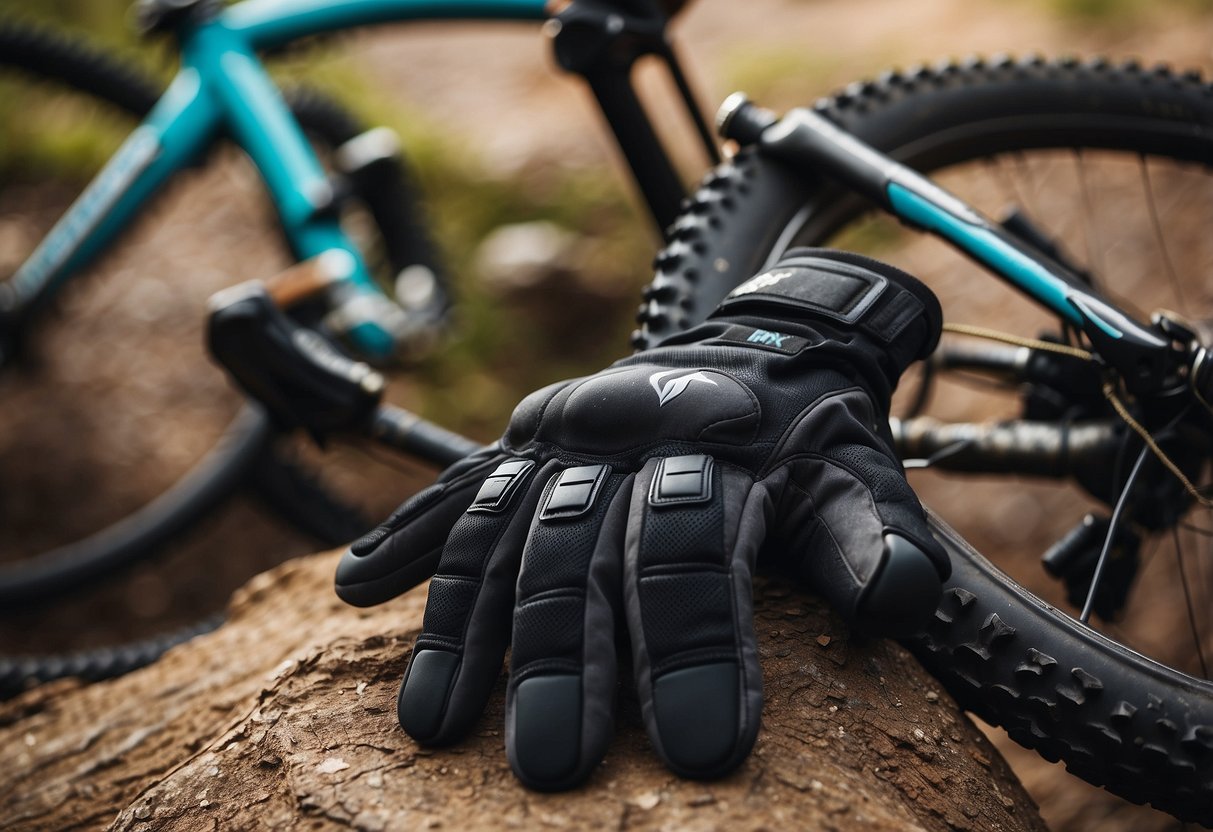 A pair of Fox Racing Ranger gloves lying next to a mountain bike, surrounded by essential gear items for beginner mountain bikers