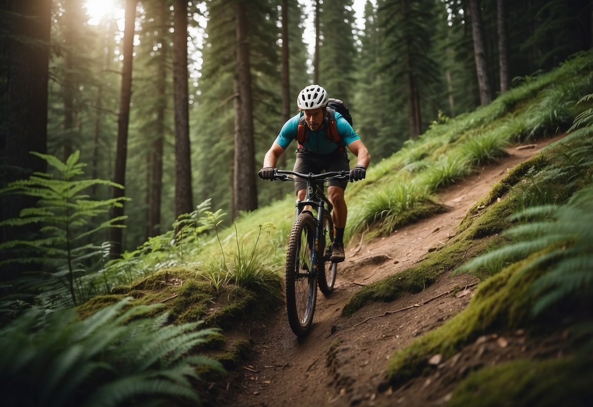 Mountain biking trails winding through lush forests, rocky terrain, and breathtaking mountain vistas in various national parks