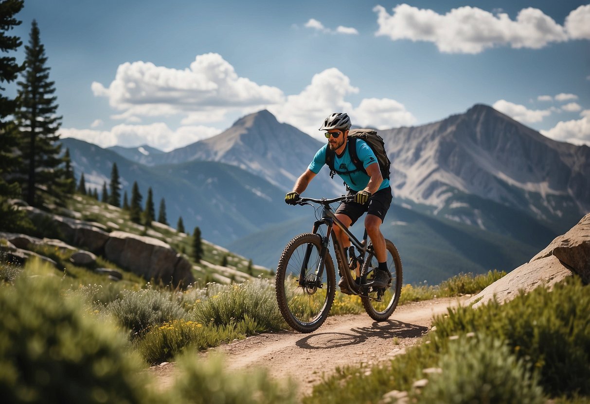 A mountain biker navigates a winding trail through rugged terrain, surrounded by towering peaks and lush alpine meadows in Rocky Mountain National Park