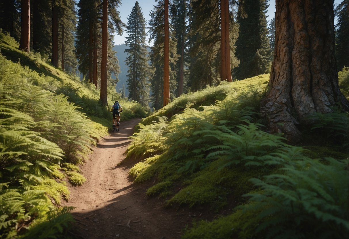 A winding trail cuts through lush forest, leading to Crater Lake. Tall trees and rocky terrain create a challenging mountain biking route