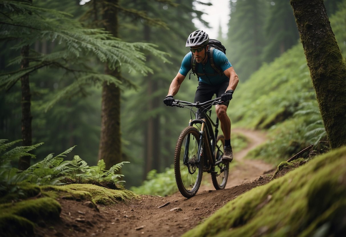 A mountain biker navigates a winding trail through lush forests and rocky terrain, with scenic views of towering peaks in the distance