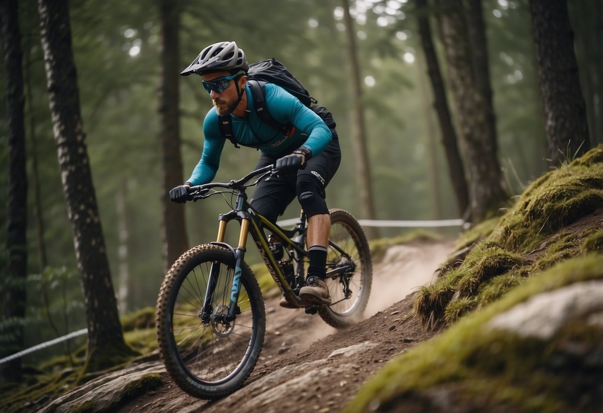 A mountain bike navigates a rocky trail, leaning into a sharp turn. The rider's posture is balanced and confident, with eyes focused ahead. The bike's suspension absorbs the rough terrain, while the rider maintains control