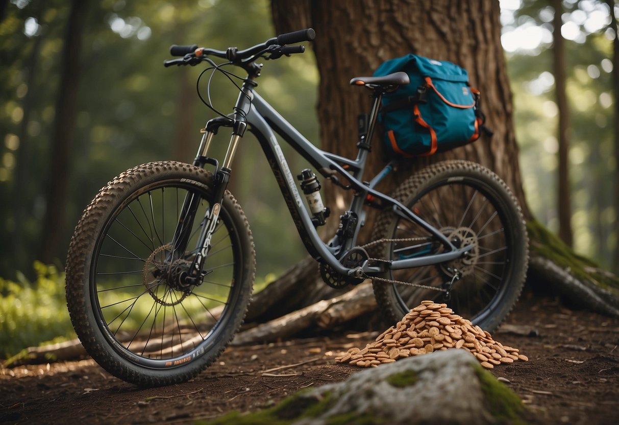 A mountain bike leaned against a tree, with a backpack open to reveal various snacks such as granola bars, trail mix, fruit, and energy bars