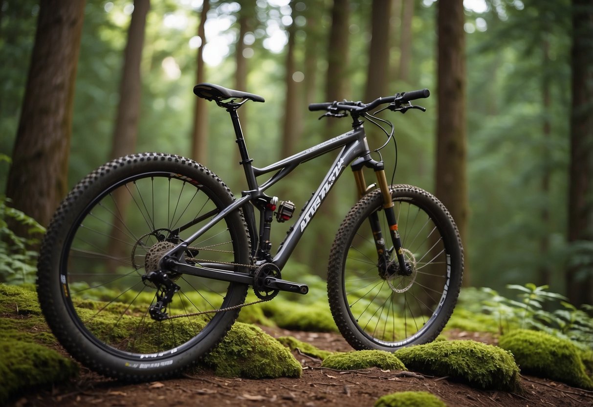 A mountain bike rests against a tree, with a Clif Bar Chocolate Chip snack placed on a rock nearby. The lush greenery of the forest and the rugged terrain of the trail create a picturesque backdrop