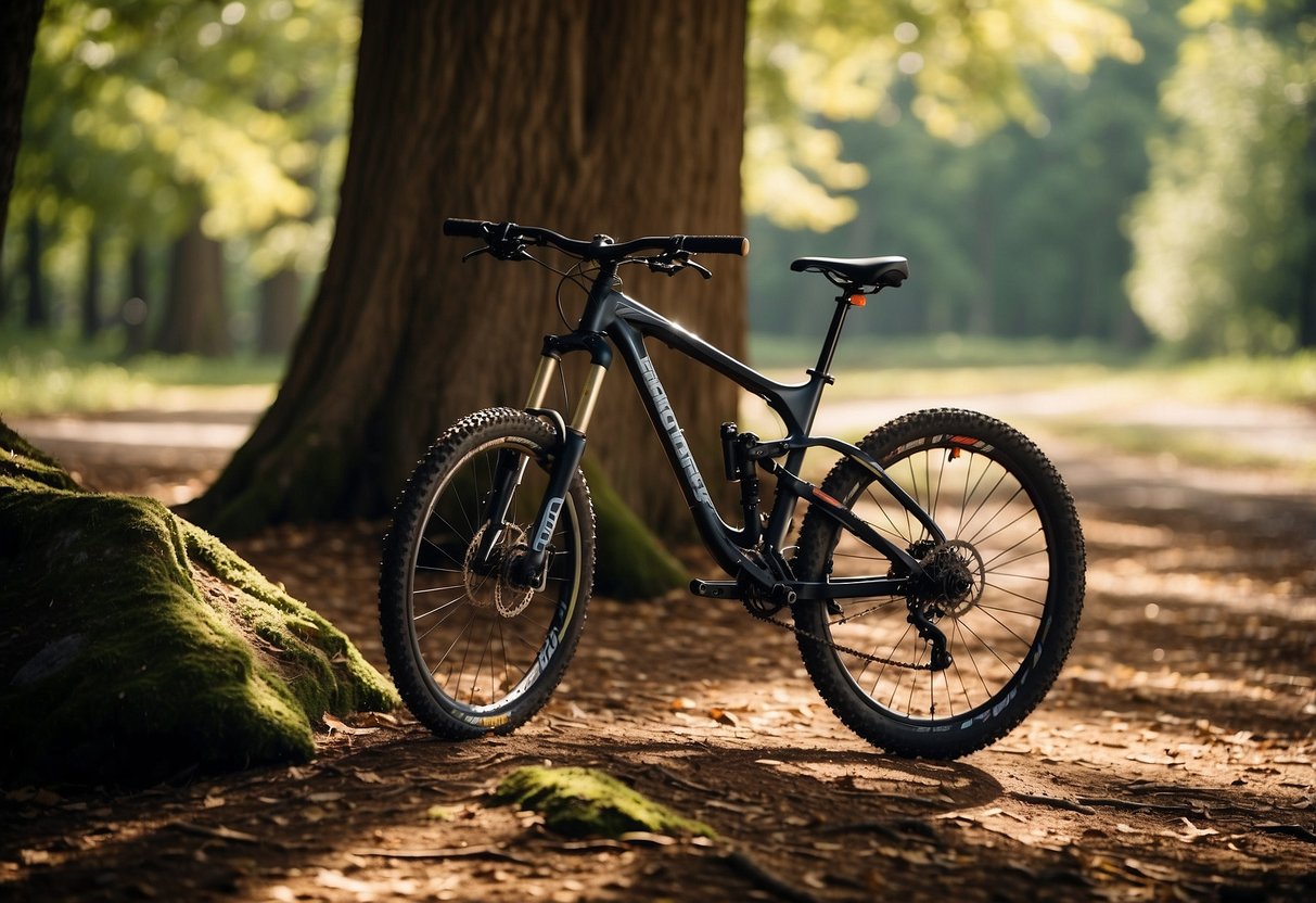 A mountain bike rests against a tree, surrounded by scattered Kind Protein Double Dark Chocolate Nut bars and other snacks. The sun shines through the leaves, casting dappled shadows on the ground