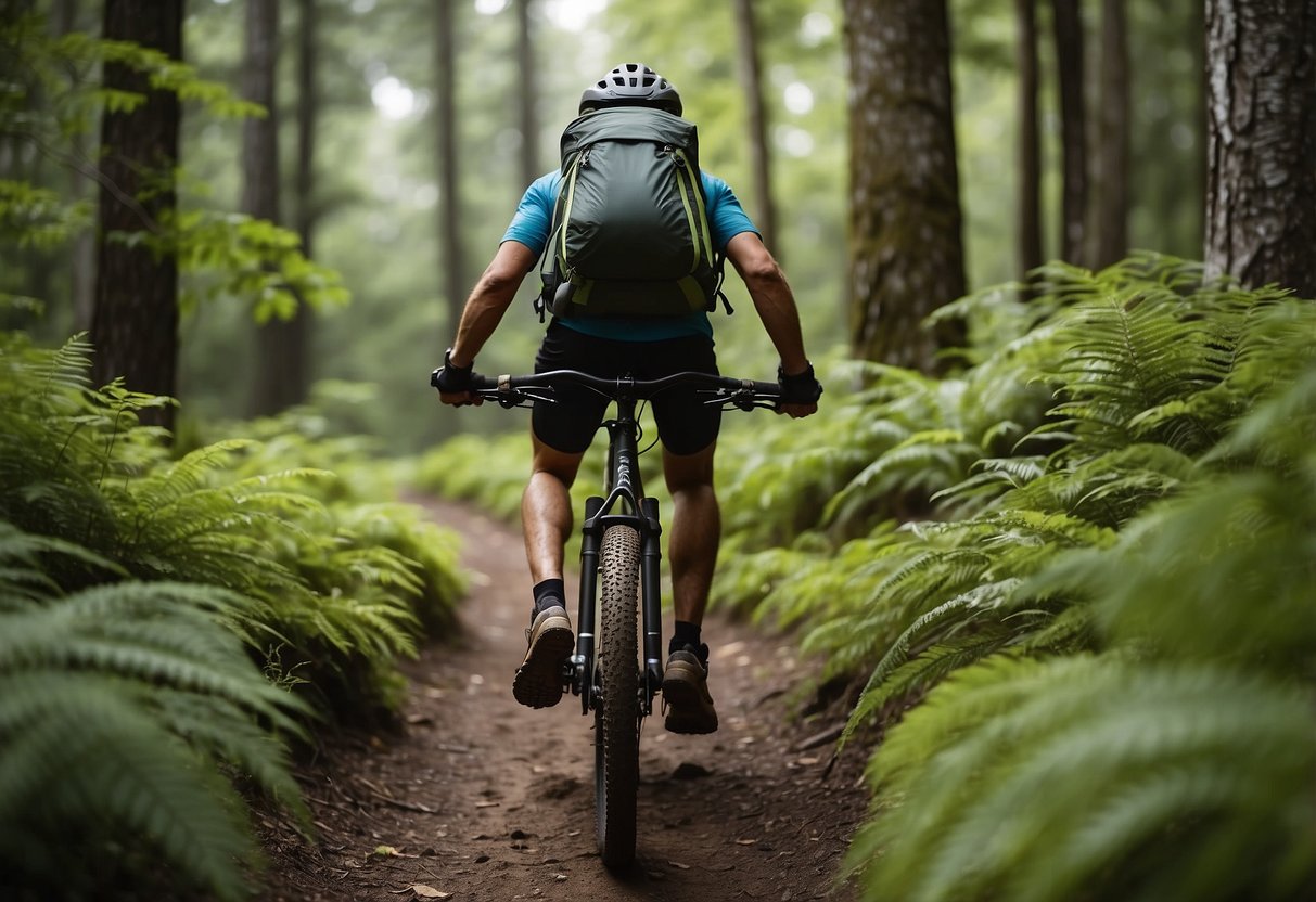 A mountain biking trail winds through a lush forest. A cyclist reaches into a backpack, pulling out a GoMacro Banana + Almond Butter snack bar