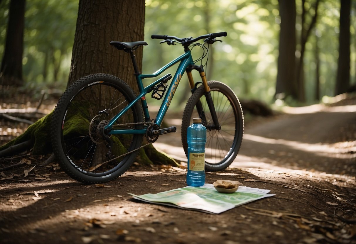 A mountain bike leans against a tree, with a PROBAR Meal Bar placed next to a water bottle and trail map on the ground. The sun shines through the leaves, casting dappled shadows on the scene