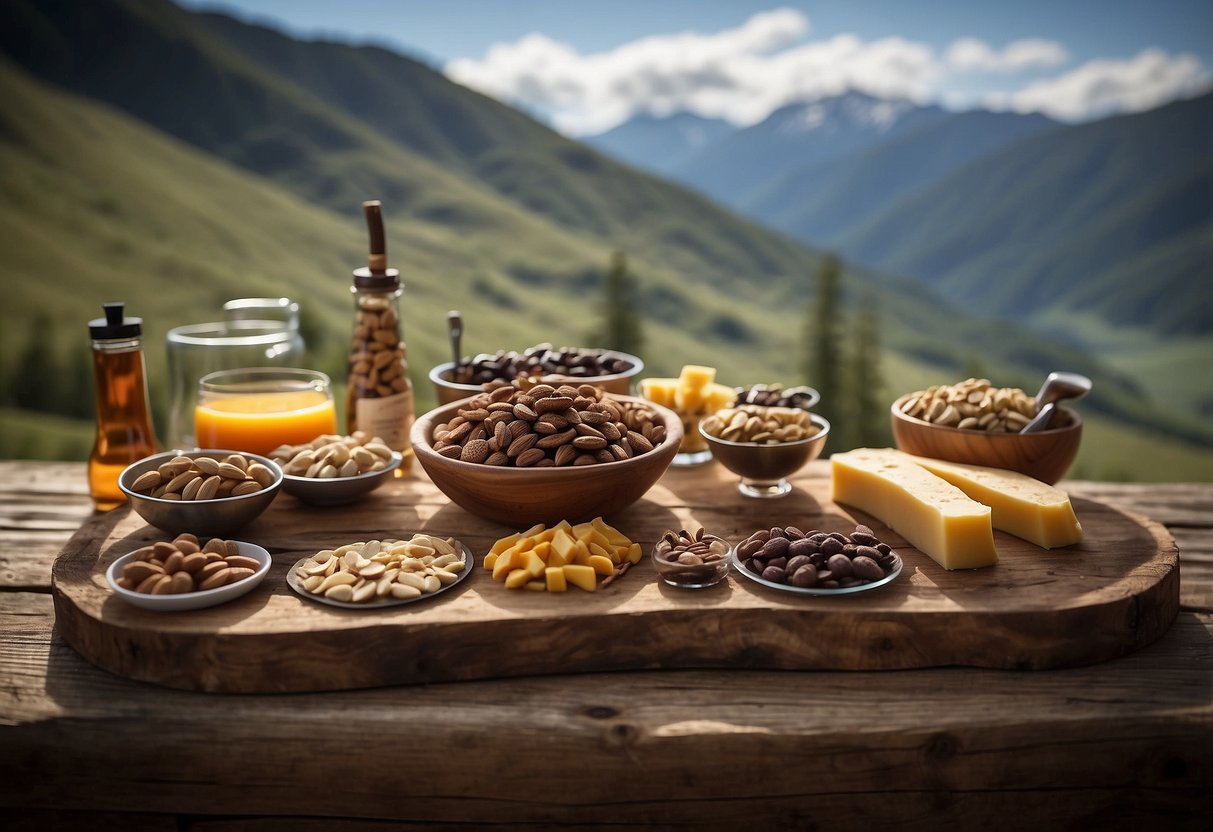 A rustic wooden bar adorned with antlers and mountain biking gear. Plates of venison snacks and trail mix, with a backdrop of rugged mountain scenery