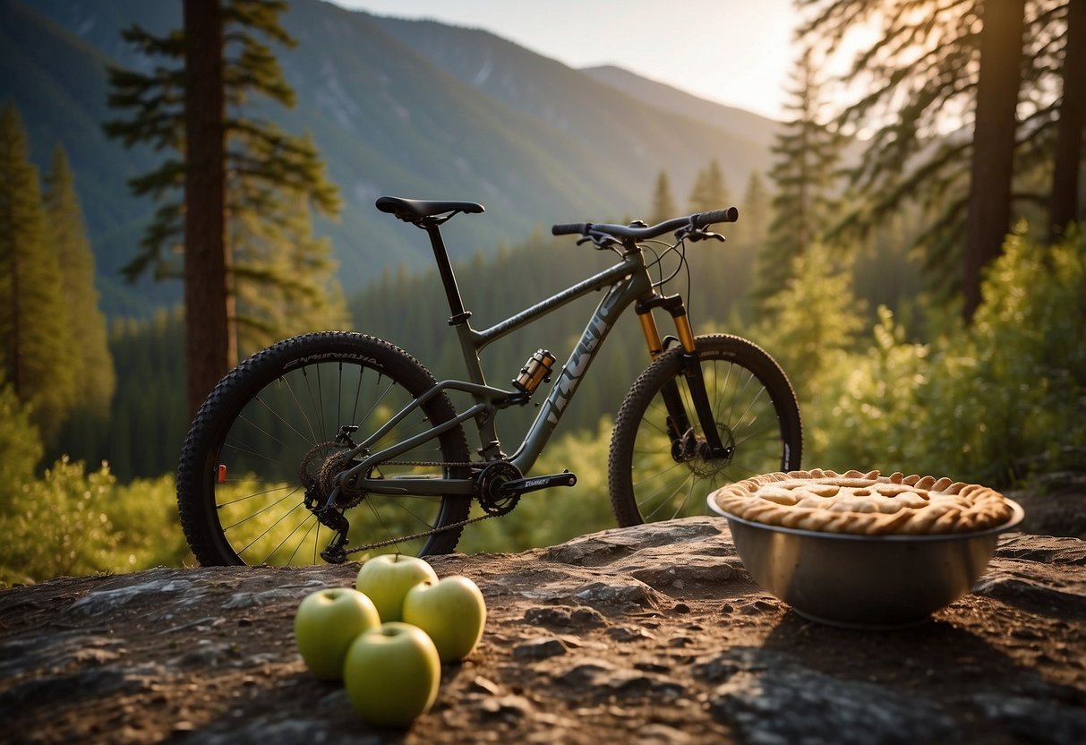 A mountain bike is parked on a dirt trail, surrounded by tall trees and a scenic mountain backdrop. A LÄRABAR Apple Pie snack is placed on a rock next to the bike