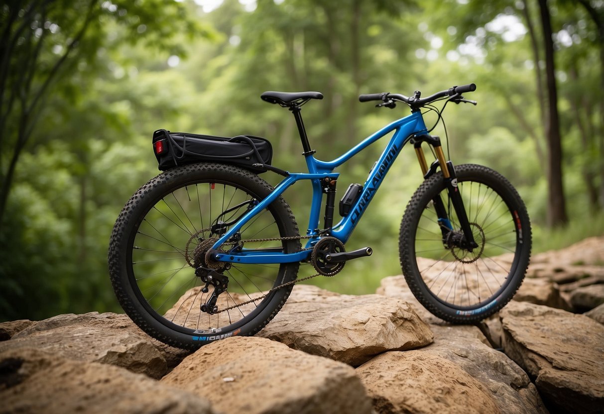 A mountain bike parked on a rocky trail, with a backdrop of lush green trees and a clear blue sky. A backpack sits beside the bike, filled with Nutri-Grain Soft Baked Breakfast Bars