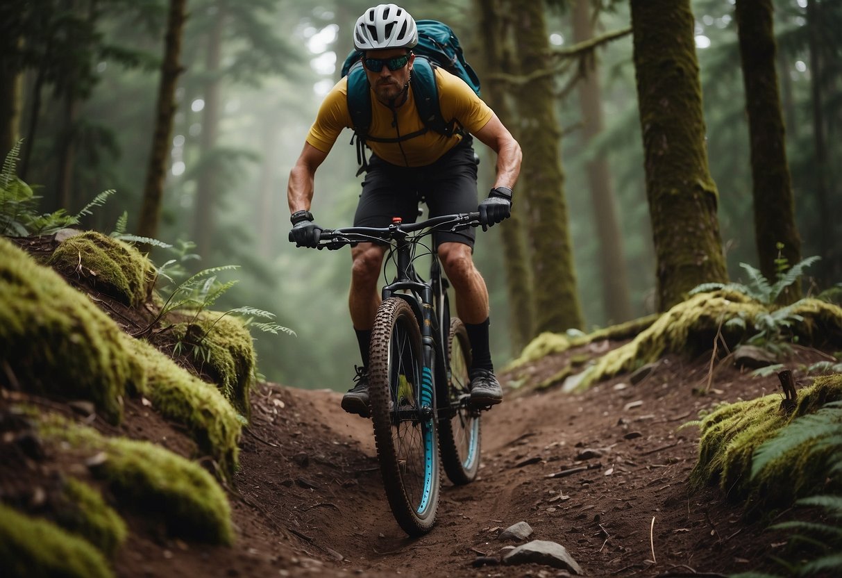 A mountain bike on a rugged trail, surrounded by towering trees and steep cliffs. The rider is wearing a helmet and protective gear, with a first aid kit and water bottle attached to the bike