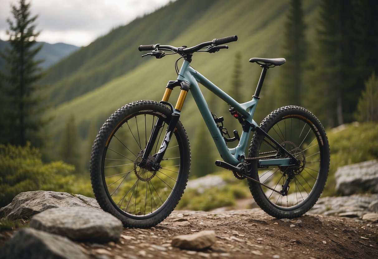 A mountain bike parked on a rugged trail. A first aid kit is strapped to the bike frame. Surrounding scenery includes trees, rocks, and a clear mountain path