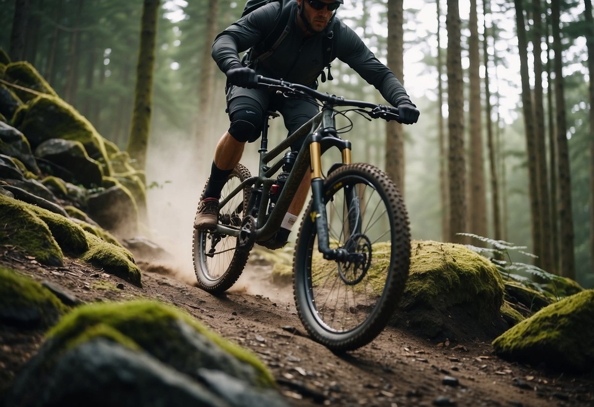 A mountain bike navigates a rocky trail, passing through dense forest with a clear trail ahead. The rider follows safety tips, wearing a helmet and carrying essential gear