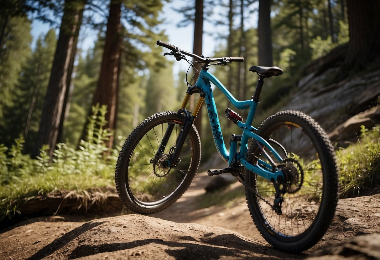 A mountain bike parked at the base of a rugged trail, surrounded by towering trees and a clear blue sky. A weather app on a smartphone shows the current conditions