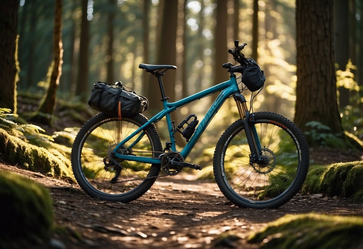 A mountain bike leans against a tree. A helmet, water bottle, and map are laid out nearby. The sun shines through the trees, casting dappled shadows on the forest floor