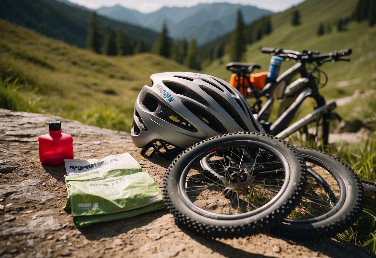 A mountain bike parked next to a water bottle and a trail map. A helmet and first aid kit are nearby. The sun shines on the lush, green mountain trail