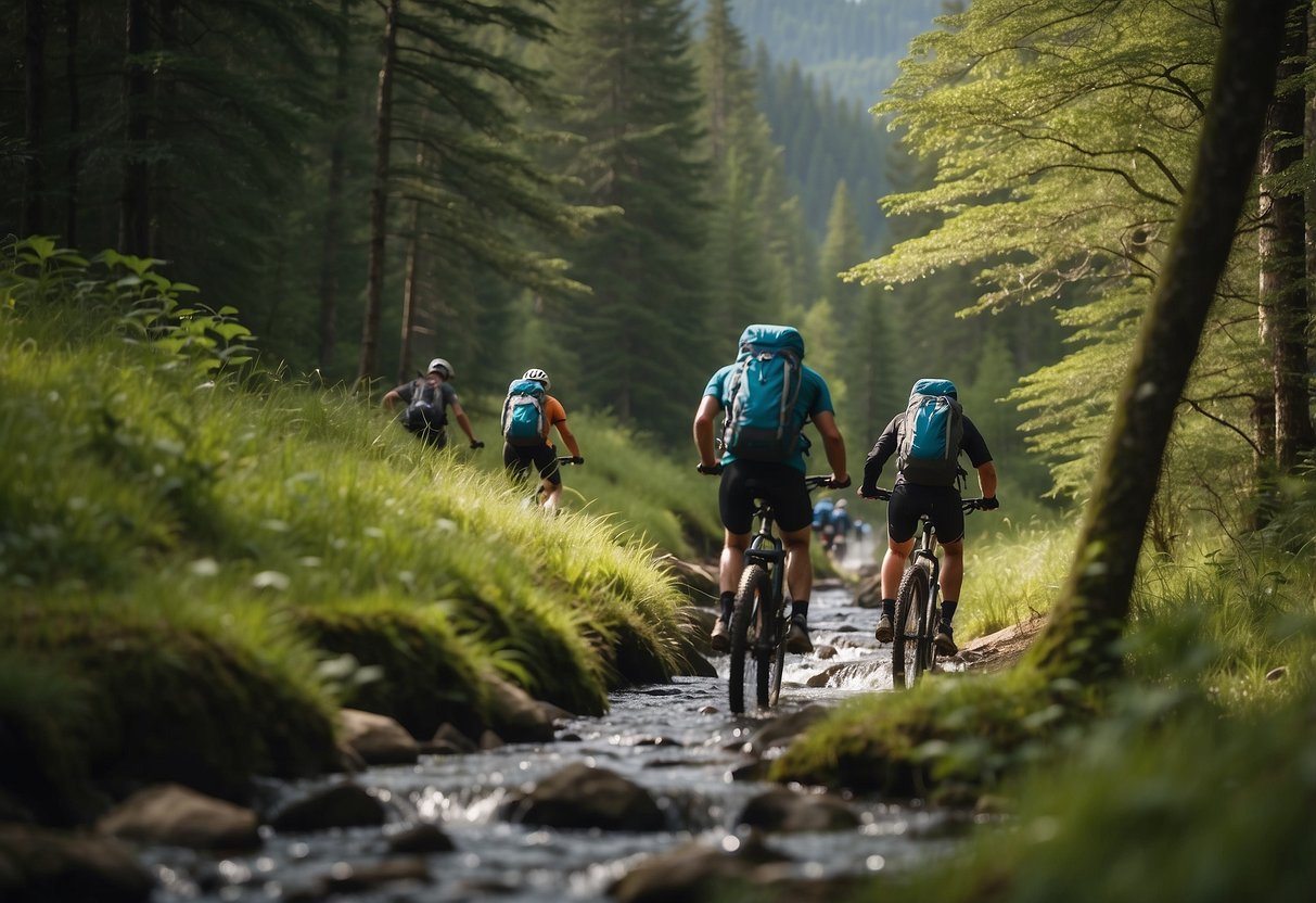 Mountain bikers ride through a lush forest, passing by a clear stream and diverse wildlife. They carry reusable water bottles and pick up any litter they come across