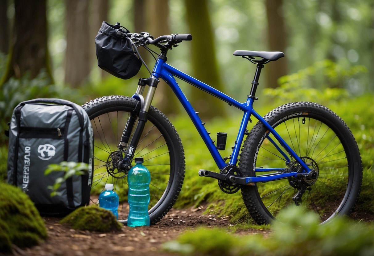 A mountain bike parked next to a recycling bin, surrounded by lush greenery and wildlife. Eco-friendly lubricant bottles are displayed nearby