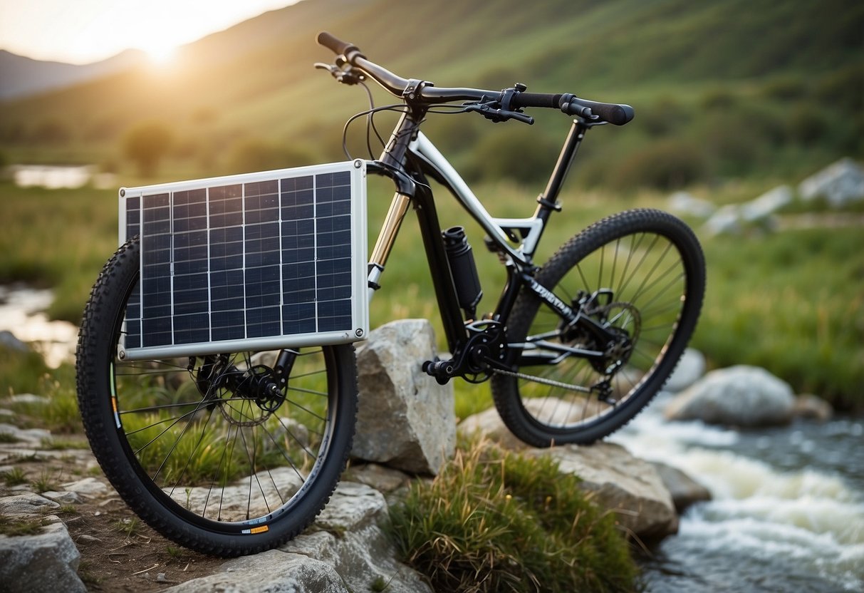 A mountain bike is parked next to a solar panel, wind turbine, and a flowing stream. The bike's battery is being charged by renewable energy sources