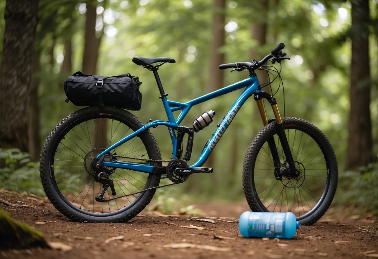 A mountain bike parked next to a trailhead sign with lush green trees and a clear blue sky in the background. A reusable water bottle and a small bag of trail mix sit on the ground next to the bike