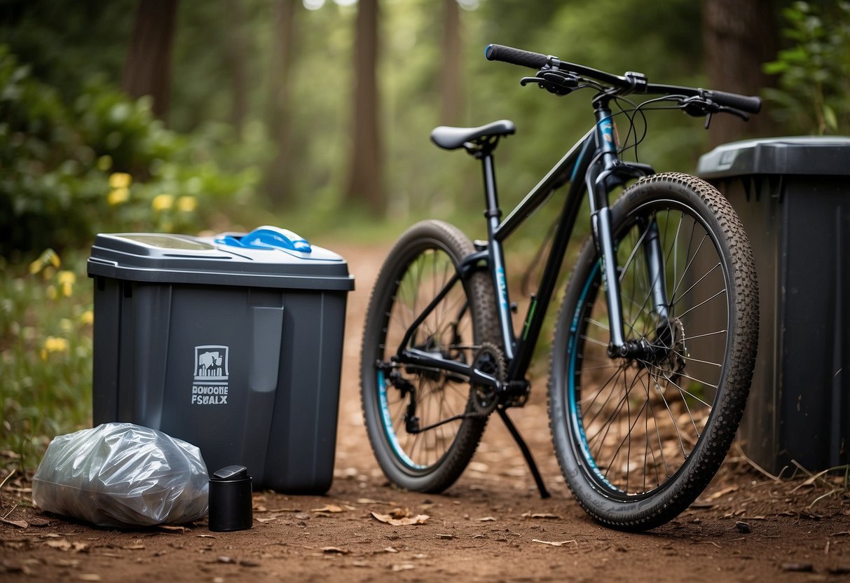 A mountain bike parked next to a recycling bin, with a water bottle and reusable snack bag on the ground. A solar-powered bike light attached to the handlebars, and a small compost bin nearby