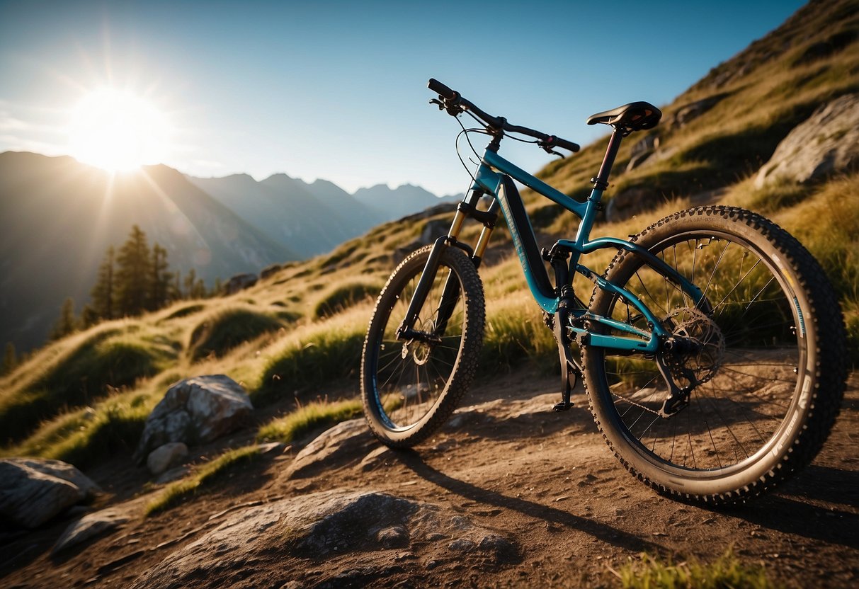 A lineup of 10 mountain bikes arranged on various terrains, such as rocky trails, forest paths, and steep hills. Each bike is equipped for different terrain types