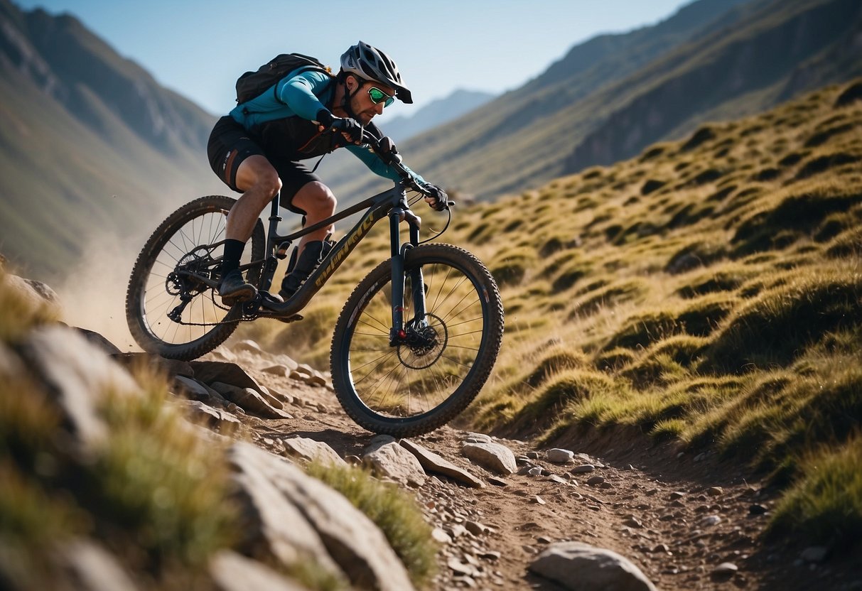 A mountain bike races down a rocky trail, navigating through rugged terrain with ease. The bike's suspension absorbs the bumps, while the rider's focus is on the challenging path ahead