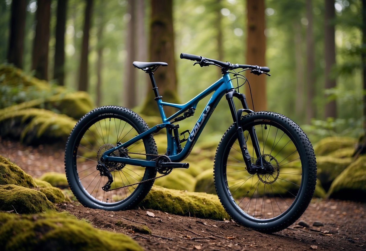 A mountain bike parked on a rugged trail, with rocky terrain and dense forest in the background. Various components such as suspension, tires, and frame material are highlighted