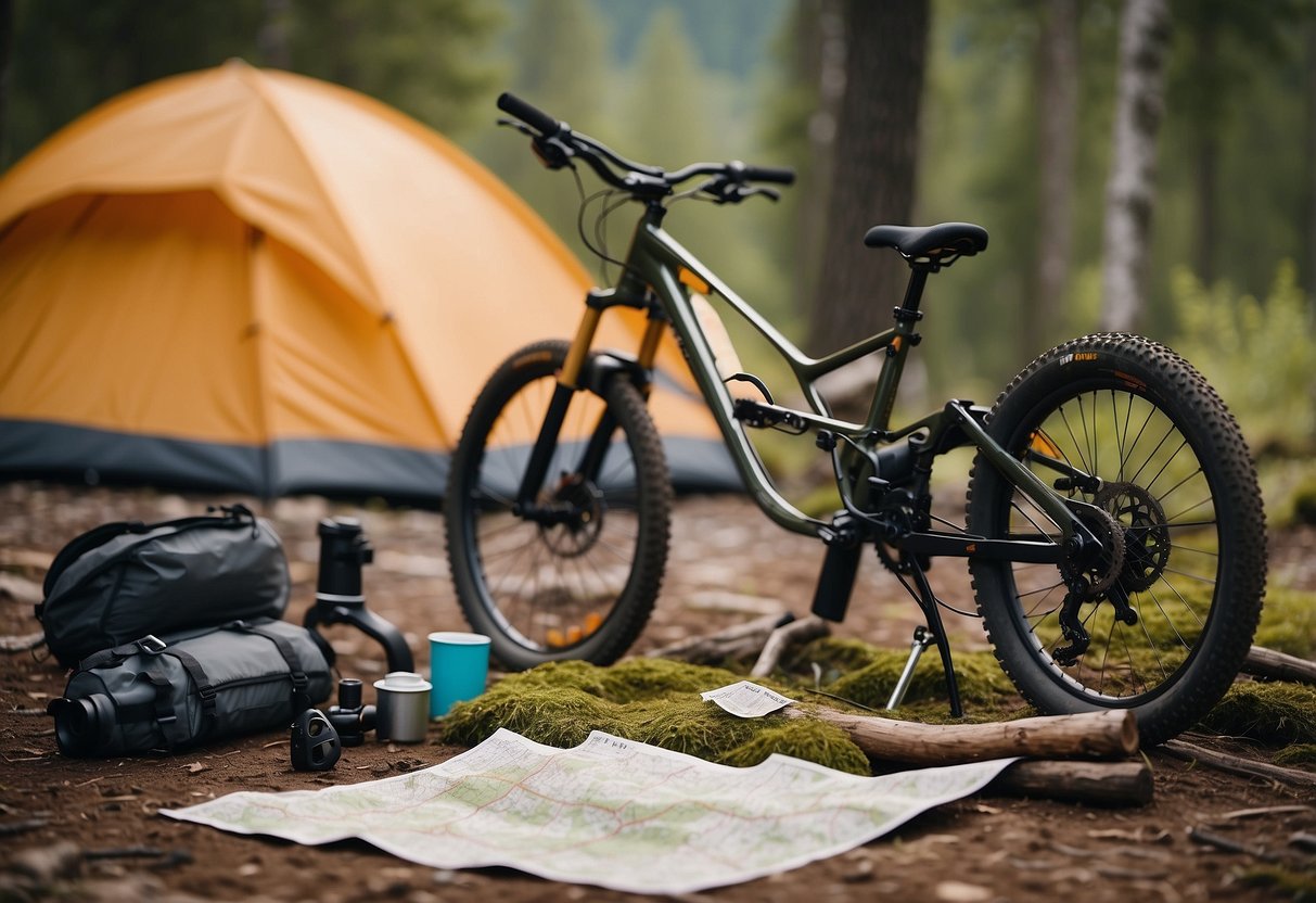 Mountain bikes and gear laid out on a map, with a tent and campfire in the background. A trail winds through the mountains, marked with checkpoints and rest stops