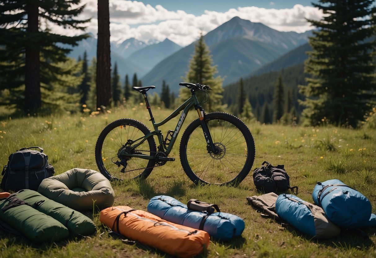 Mountain bikes, tents, sleeping bags, cooking gear, maps, first aid kit, and water bottles laid out on a grassy clearing surrounded by tall trees and a distant mountain peak