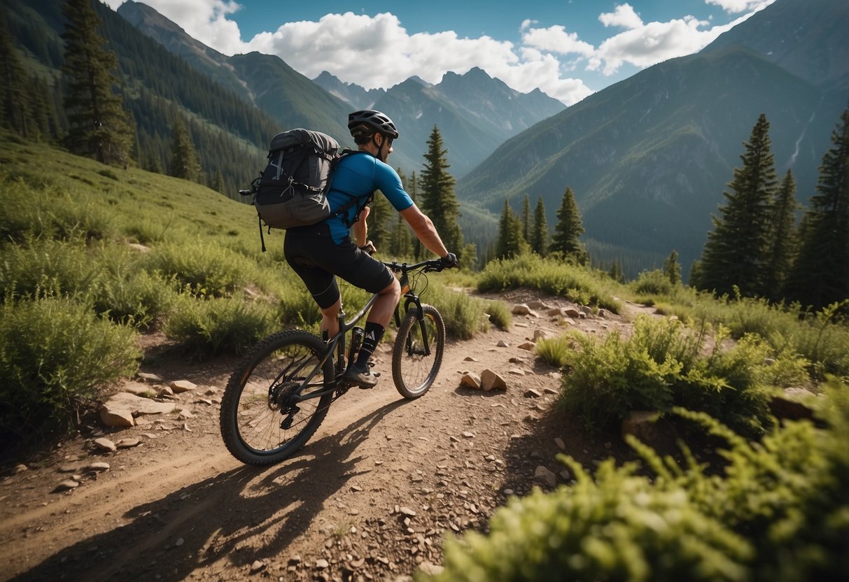 A mountain biker rides through rugged terrain, surrounded by towering peaks and lush forests. Water bottles and hydration packs are visible, emphasizing the importance of staying hydrated on a multi-day trip