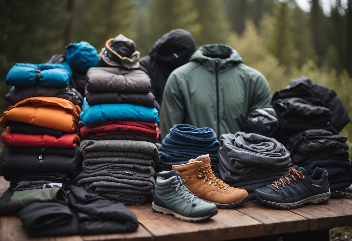 A mountain biker stands next to a pile of clothing, layering up for a multi-day trip. Various garments, including base layers, jackets, and gloves, are laid out neatly on a table