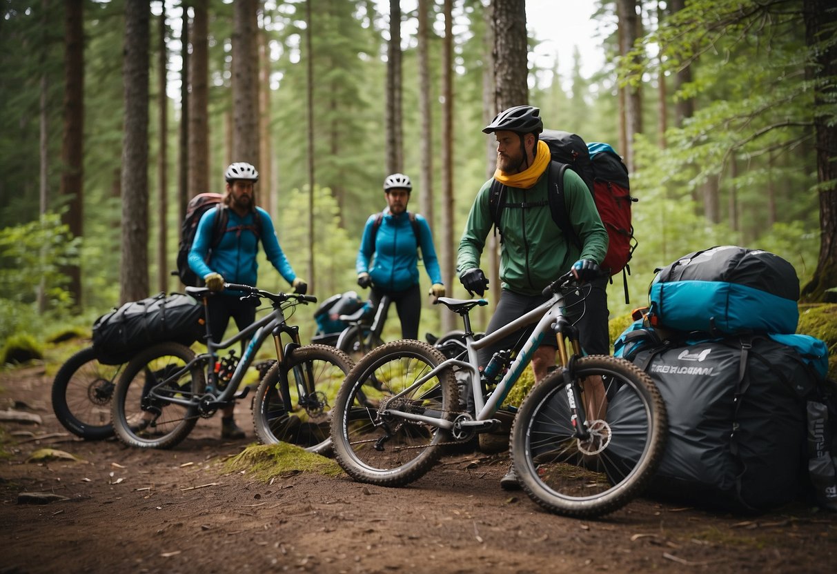 A group of mountain bikes are loaded with camping gear, maps, and supplies. The riders are packing their bags and checking their equipment before heading out on a multi-day mountain biking trip