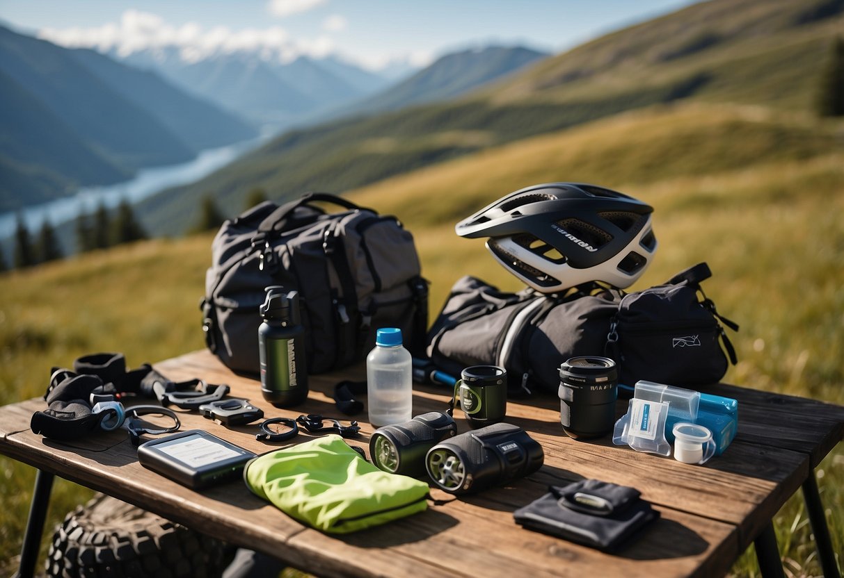 A mountain bike, helmet, hydration pack, repair kit, map, GPS, and first aid kit laid out on a table with a scenic mountain backdrop