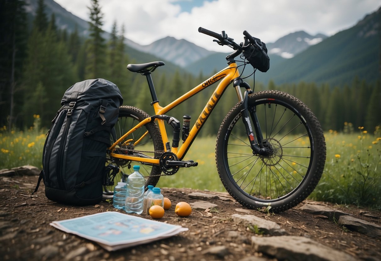 A mountain bike leaned against a tree, surrounded by a map, water bottles, energy bars, and a backpack filled with nutritious snacks and meals