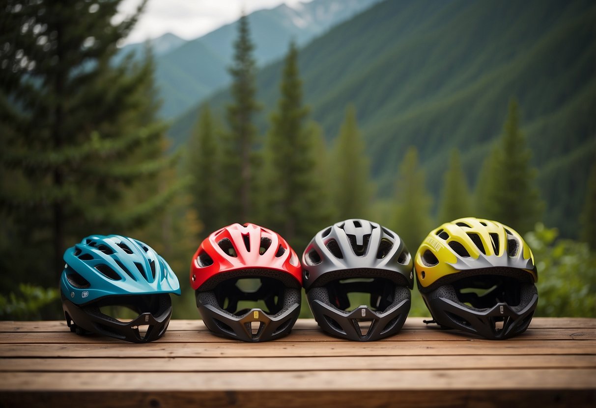 Five colorful mountain bike helmets arranged on a wooden table, surrounded by biking gear and a scenic mountain backdrop