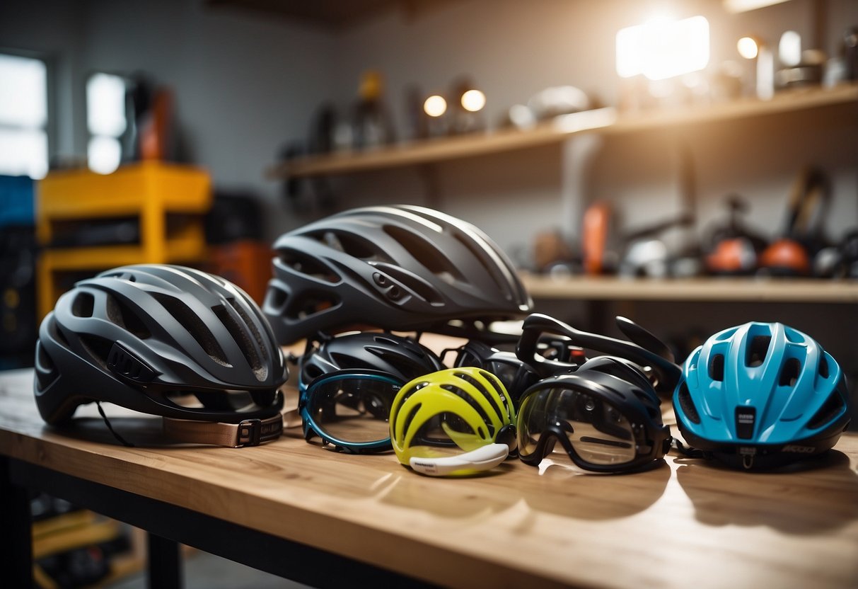 A workbench with bike helmets and maintenance tools. A mountain bike in the background. Bright lighting and a clean, organized space