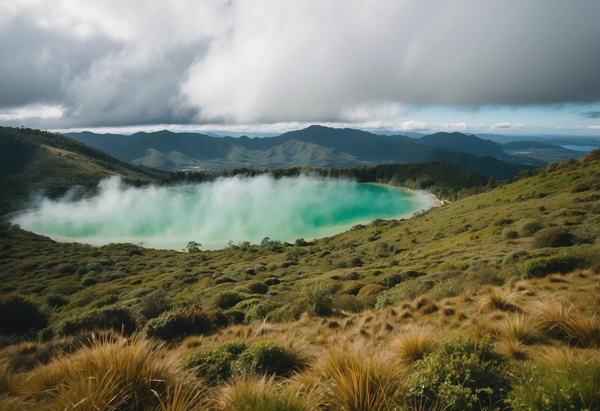 Lush green mountains with winding trails, steaming geysers, and crystal-clear lakes in Rotorua, New Zealand