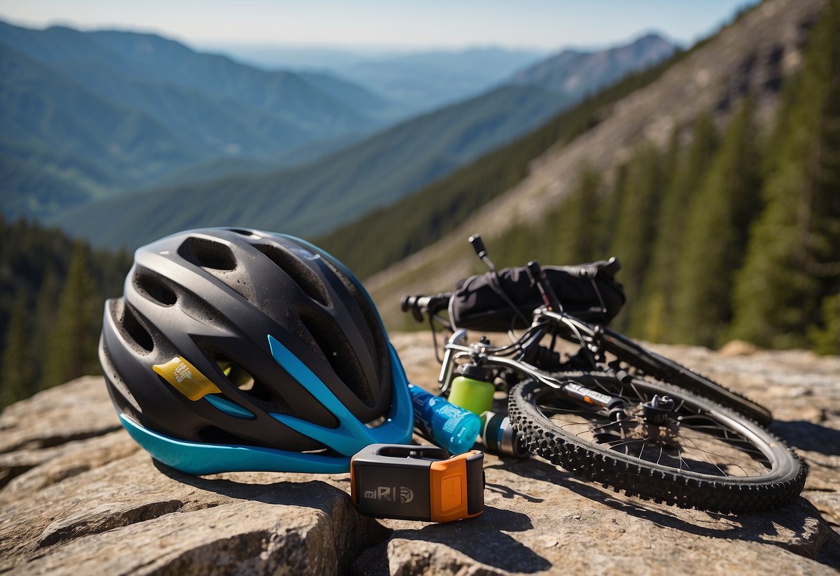 A mountain bike, helmet, gloves, and water bottle laid out on a rocky trail with a scenic mountain backdrop. Trail maps and guidebooks scattered nearby