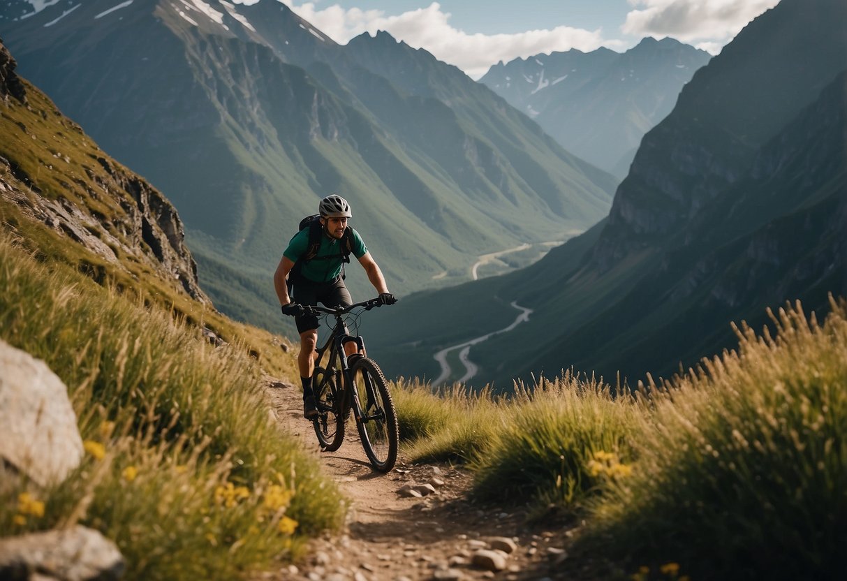 A mountain biker stands at the edge of a rugged trail, surrounded by towering peaks and lush greenery. The trail winds through the stunning landscape, offering a challenging yet rewarding ride