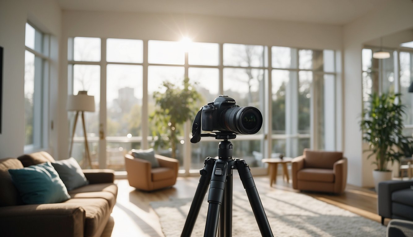 A bright, spacious living room with natural light streaming in through large windows. A professional camera and tripod set up to capture the room's features