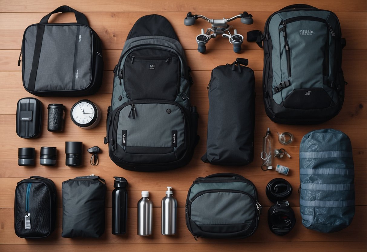 Bike gear laid out neatly: clothes, tools, snacks, map, and water bottles. Packing cubes and bags organized for easy access