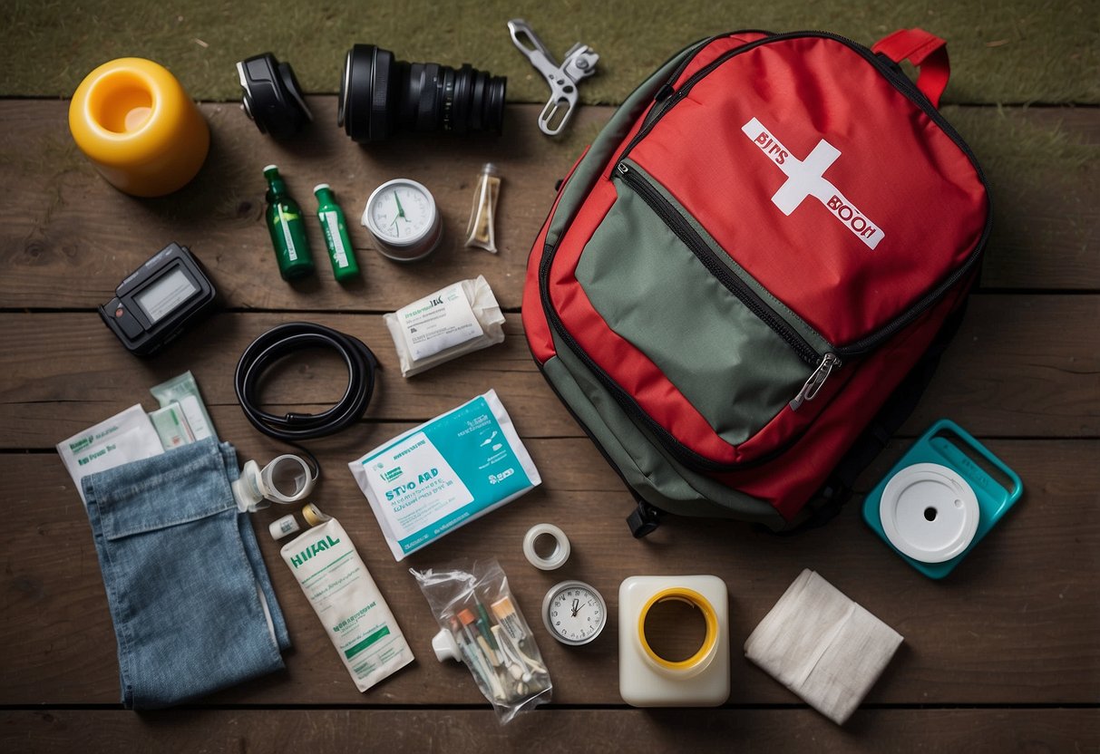 A compact first-aid kit sits next to a neatly packed backpack with biking gear spilling out. A checklist of 7 tips for efficient packing is visible nearby