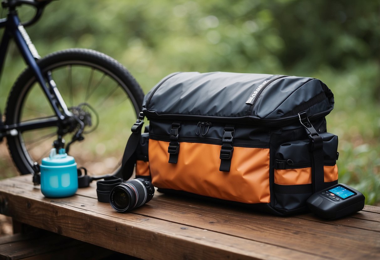 A waterproof bike bag sits open, with neatly packed gear spilling out. Items are organized and compact, ready for a biking trip