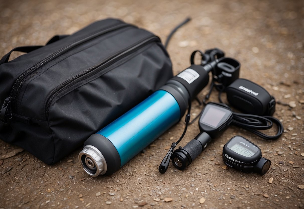 A portable bike pump sits next to a neatly packed bag with biking gear. The pump is compact and easy to carry, perfect for a biking trip