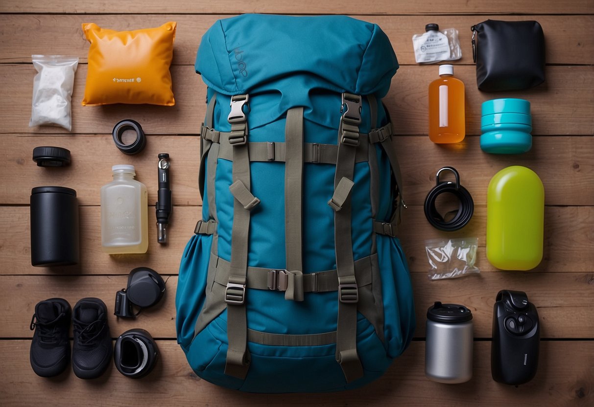 A backpack open with neatly organized energy gels and bars. Clothes and gear packed efficiently for a biking trip